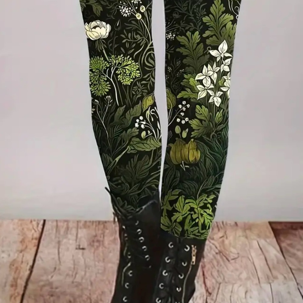 Green & Black Vine Floral Leggings XXL TALL